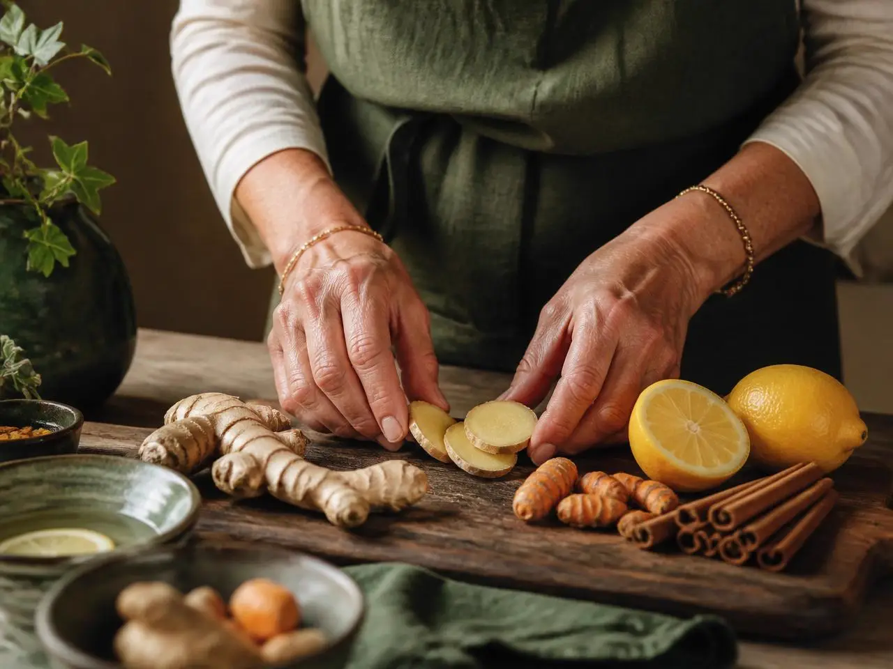 Manos de una mujer mayor combinando jengibre, cúrcuma, canela y limón sobre una tabla de madera