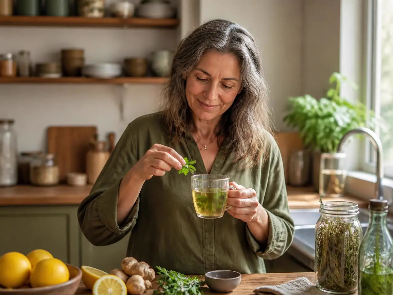 Mujer de unos 60 años preparando una infusión de hierbas en su cocina