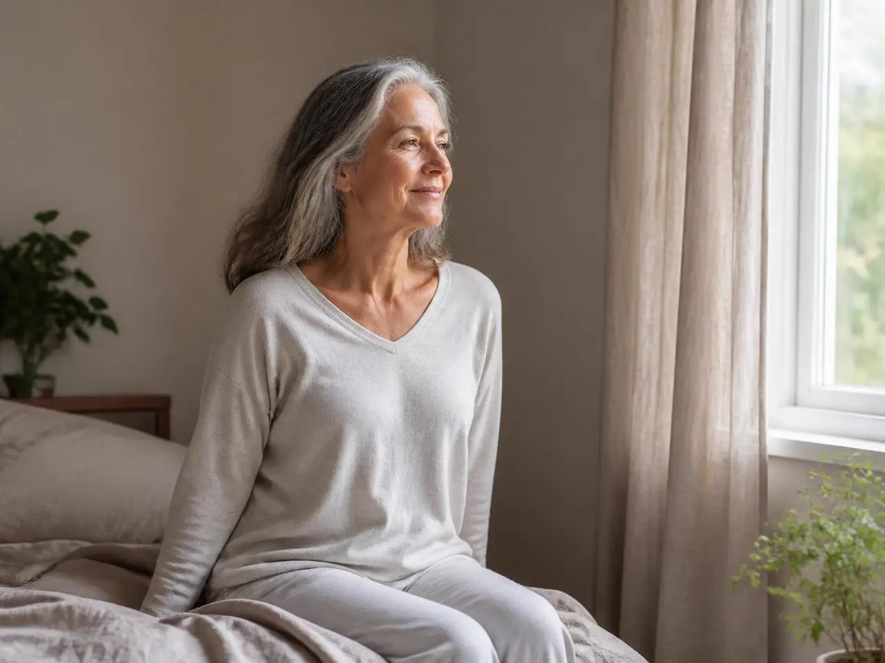 Mujer mayor de 60 años despertando descansada junto a la ventana
